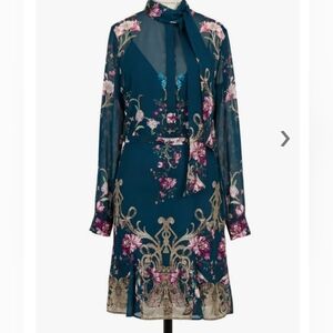 Roberto Cavalli Teal Silk Floral Print Dress – Long Sleeve Tie-Neck Luxury Desig